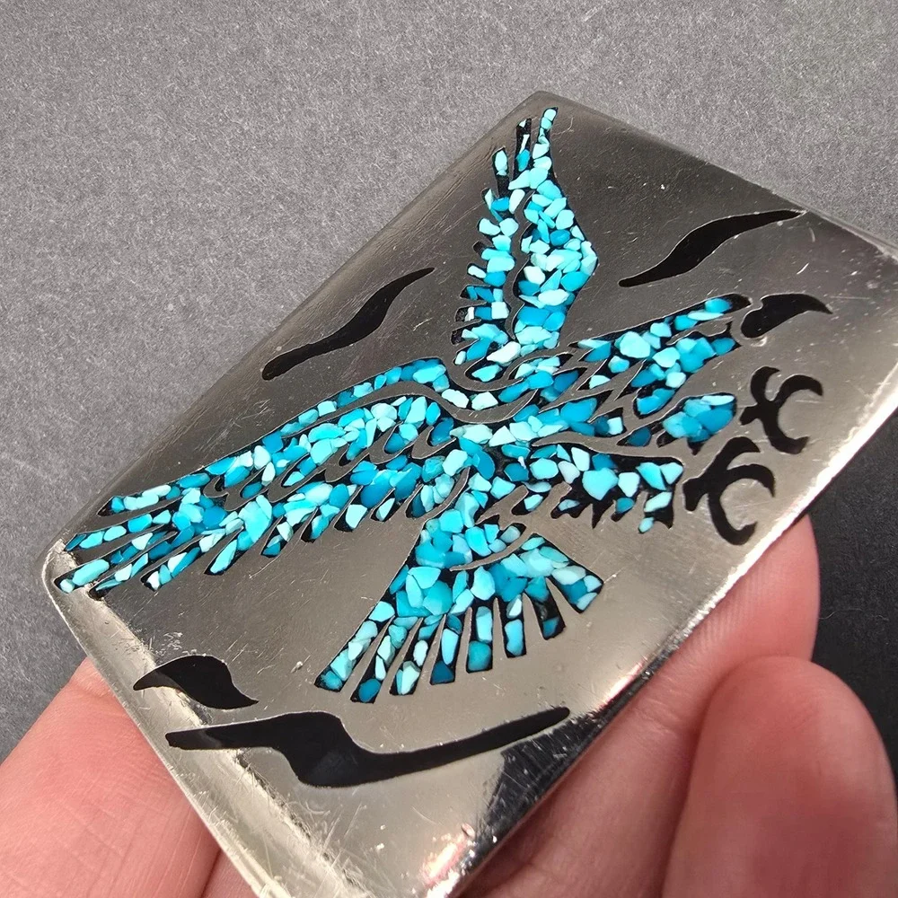 Vintage Mexico Silver Tone Turquoise Inlay Flying Eagle Rectangle Belt Buckle